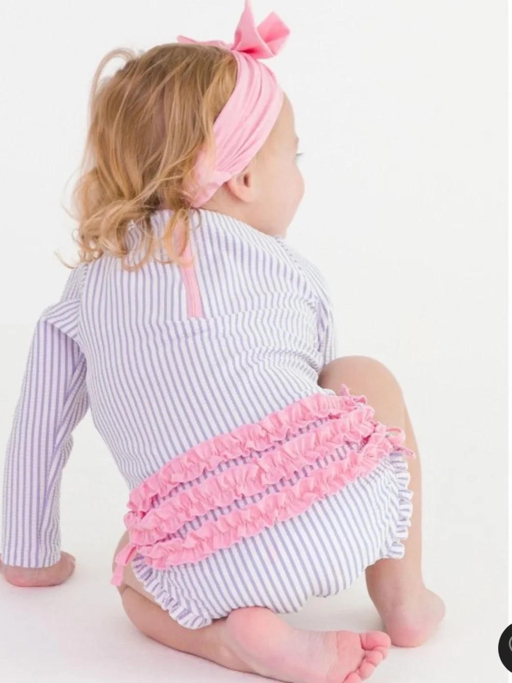 RuffleButts Lilac Striped Seersucker One Piece Girl’s Swimsuit